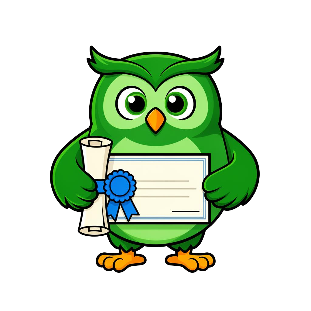 Coruja Duo segurando um certificado de inglês