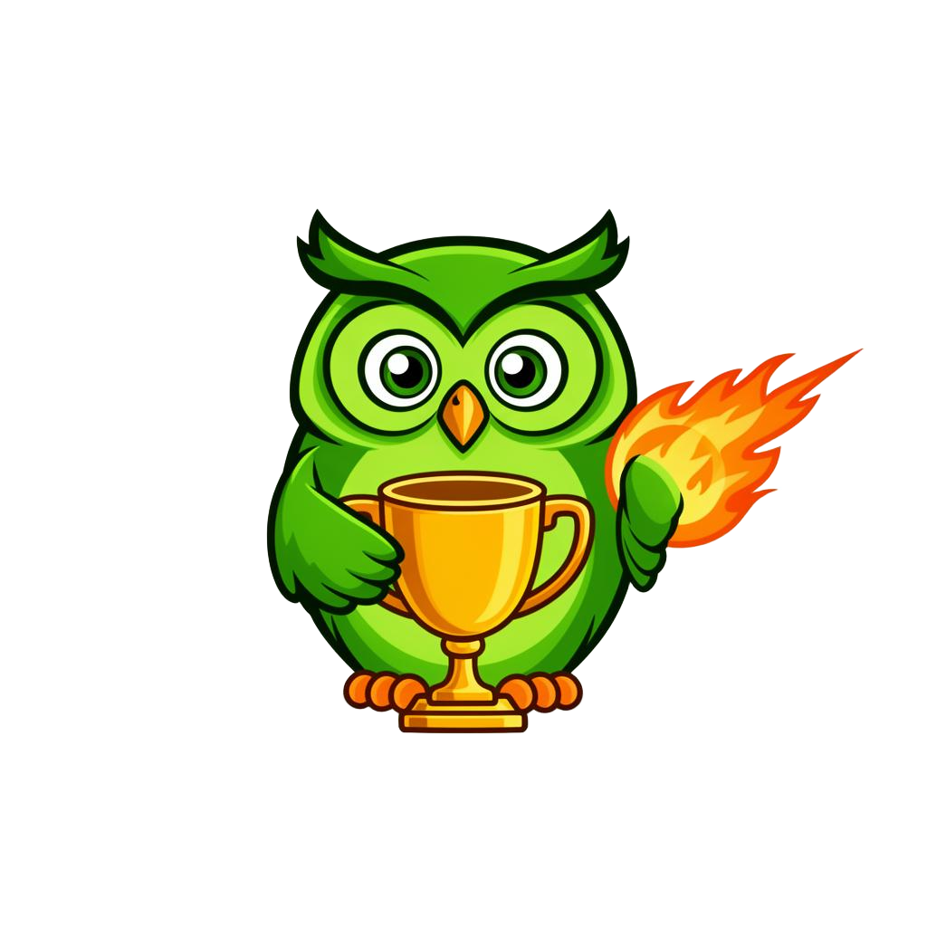 Coruja Duo com troféu e streak de chamas