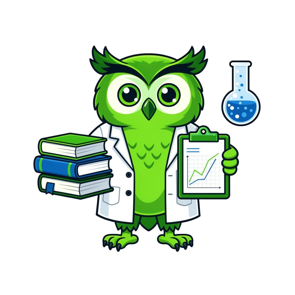 Coruja Duo cientista com livros e gráfico